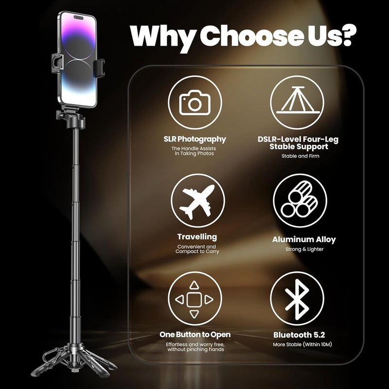 Busdebon 4 in 1 Mini Selfie Stick for iPhone, Portable Compact Pocket Selfie Stick Tripod with Bluetooth Remote, 360° Rotation Small Tiny Selfie Stick for Commuting Travel Vlogging - Image 2